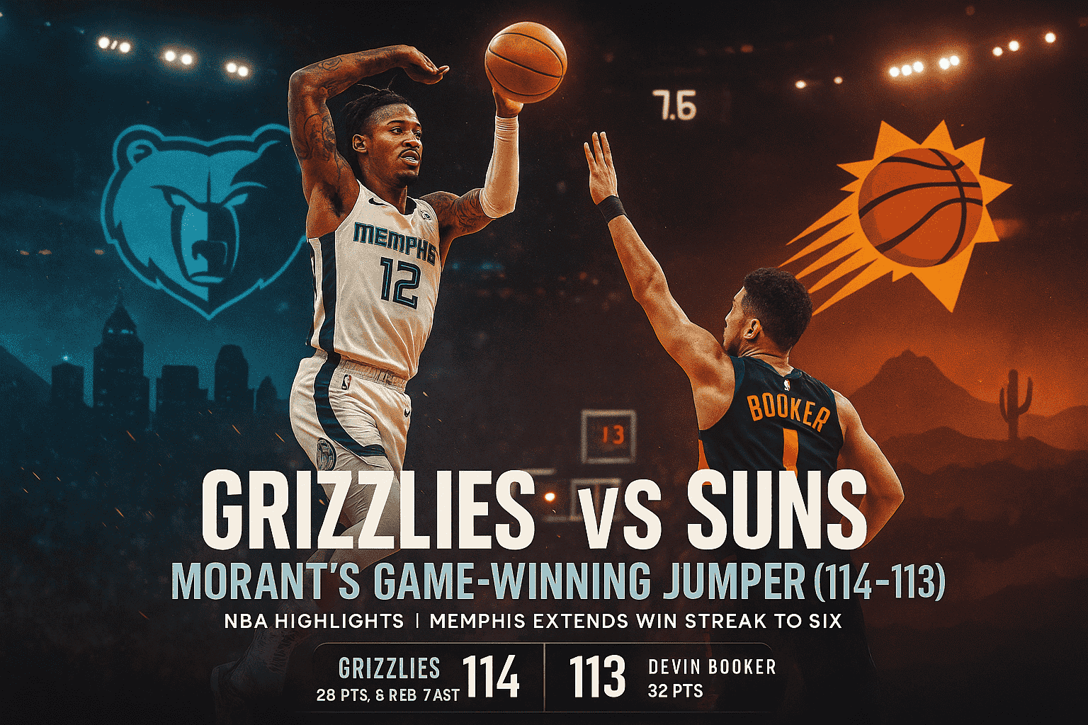 Ja Morant hits game-winning jumper over Devin Booker as Memphis Grizzlies beat Phoenix Suns 114-113 in a thrilling NBA matchup.