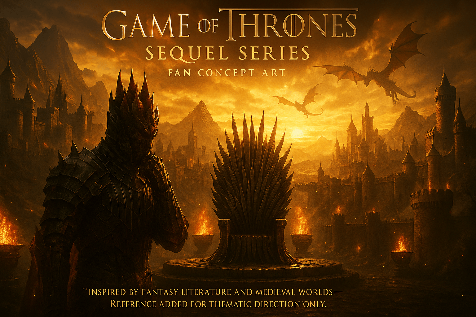 Epic fantasy concept art showing a medieval kingdom, an original dark armored warrior, a unique fantasy throne, and flying dragons, created as fan art for a Game of Thrones sequel series theme.