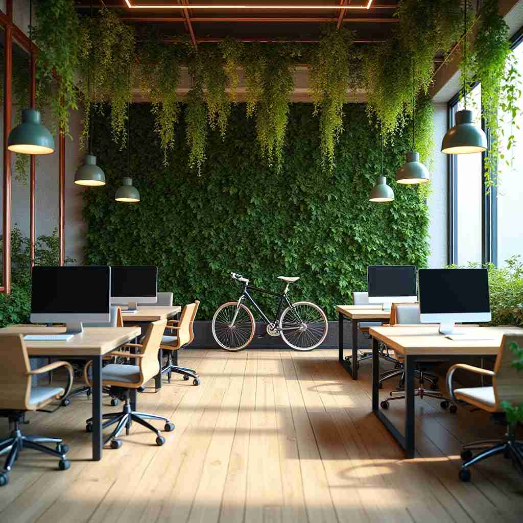 Modern eco-friendly office interior showcasing sustainable design elements, natural lighting, and vertical greenery — a perfect example of a Green Building concept.