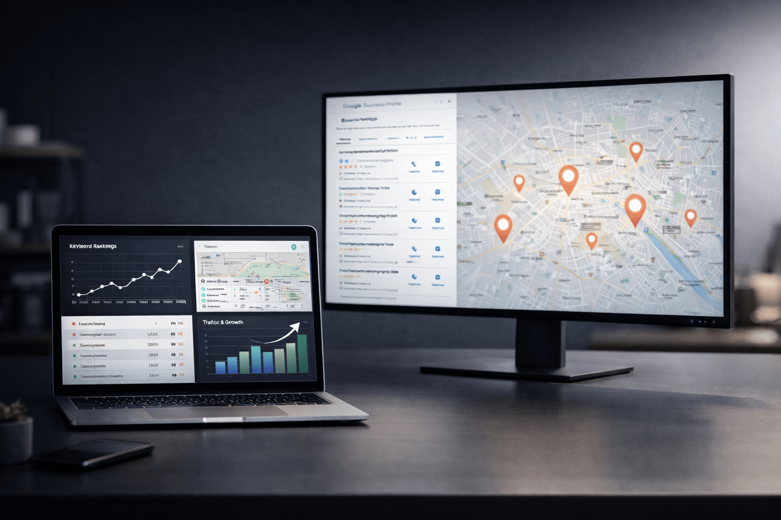 Local SEO Freelancer Delhi working on laptop showing Google Maps rankings and local SEO growth