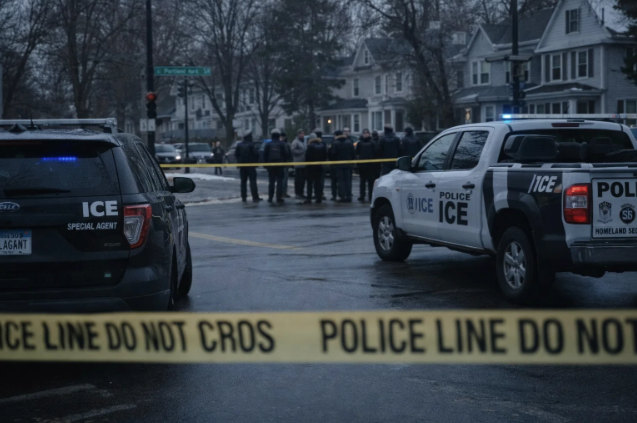 Police and ICE vehicles block a residential street in Minneapolis after an ICE agent shooting, with police tape securing the area during an ongoing investigation