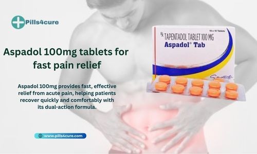 Aspadol 100mg tablets for fast pain relief, Tapentadol medication pack with pills shown for effective acute and chronic pain management