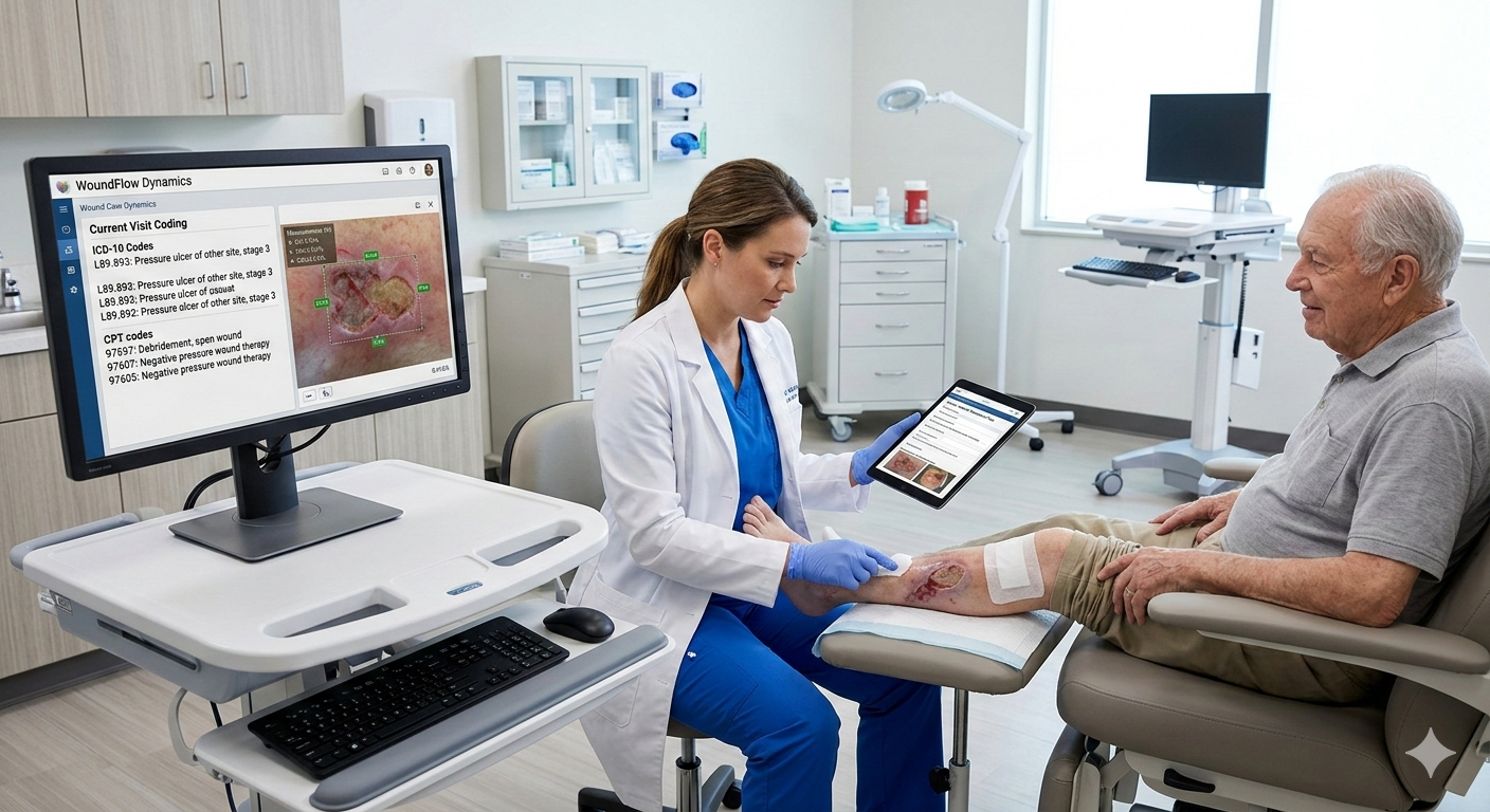 Wound care specialist analyzing patient records and coding information for chronic wound treatment billing accuracy.