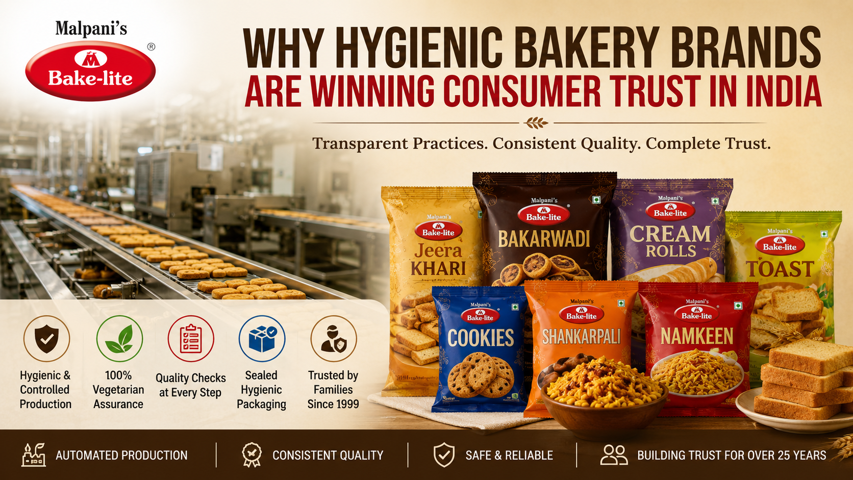 Malpani's Bake-lite bakery products displayed with hygienic automated production facility, highlighting transparent bakery practices, quality checks, vegetarian assurance, and trusted packaged snacks in India.